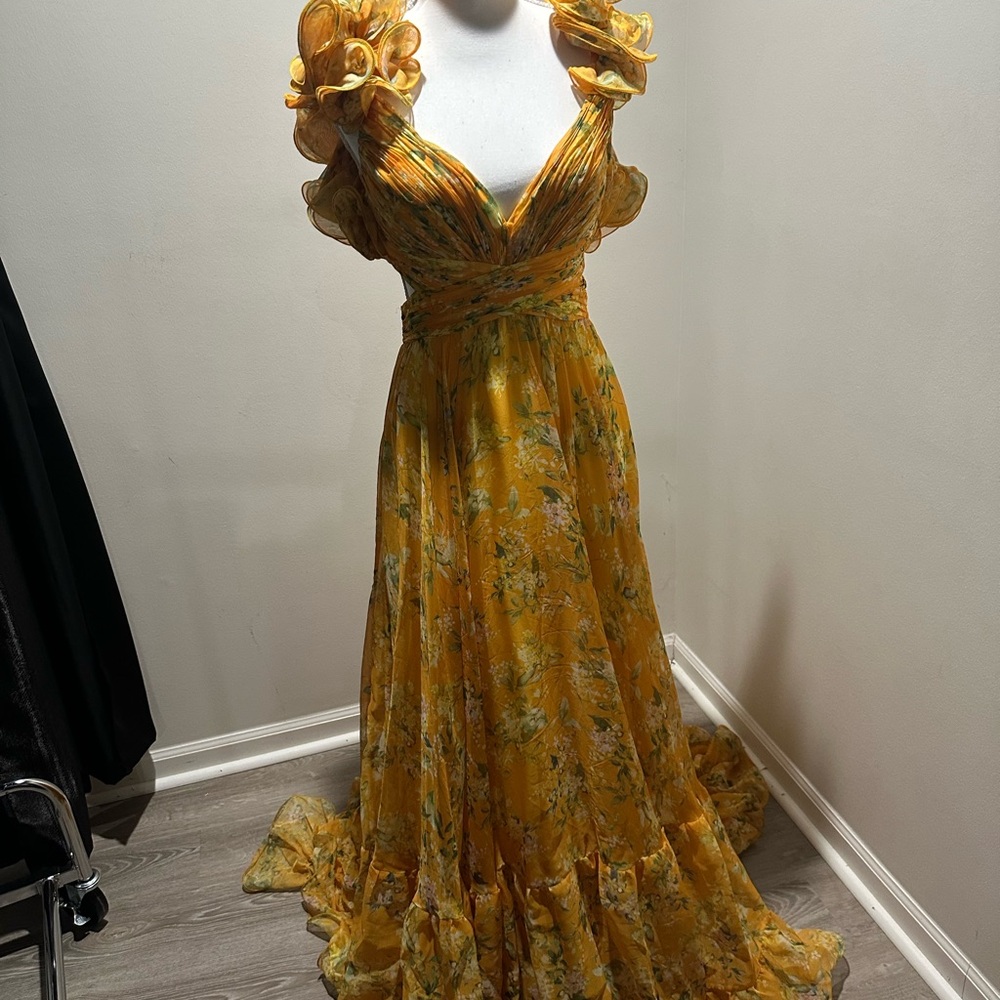 Mac Duggal Yellow Floral Ruffle Maxi Dress